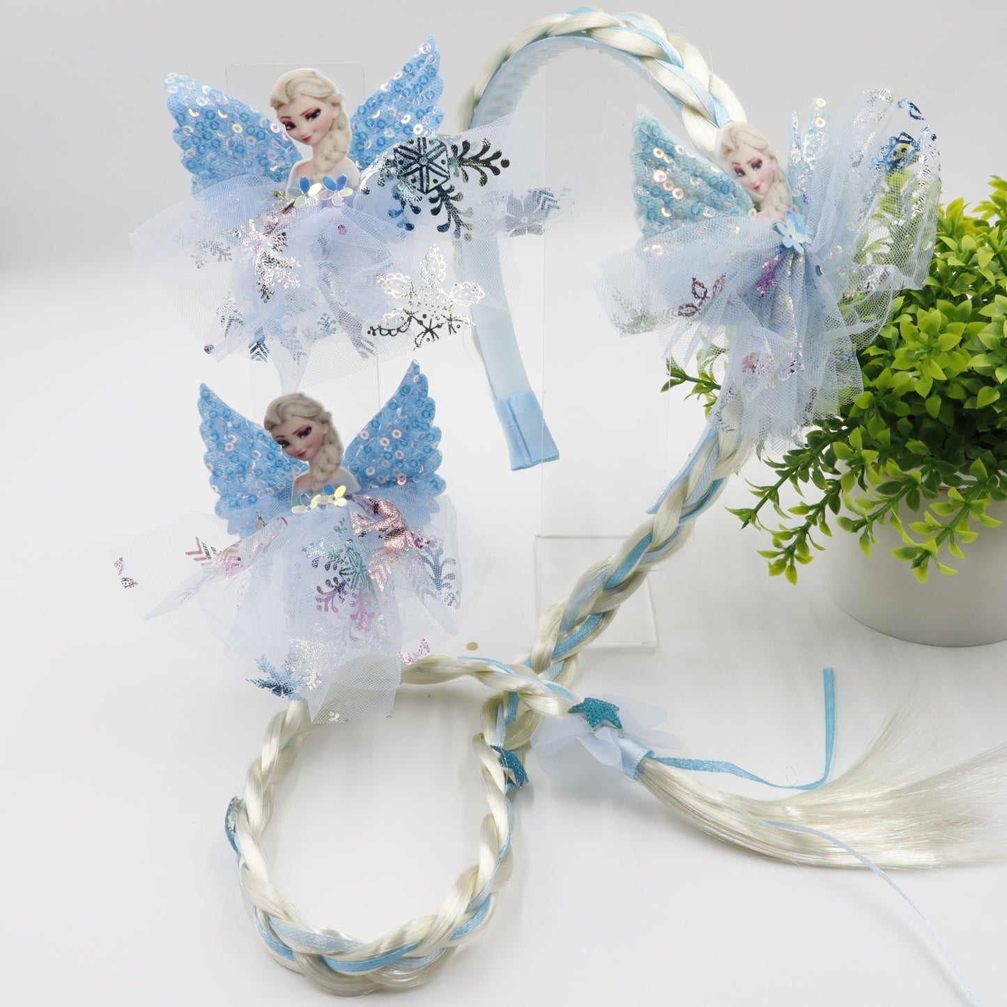 Hair Cuddles Princess Design Combo Set- 2 Hair Clips & 1 Hairband with Ponytail | Kids Magical Hair Accessory Set