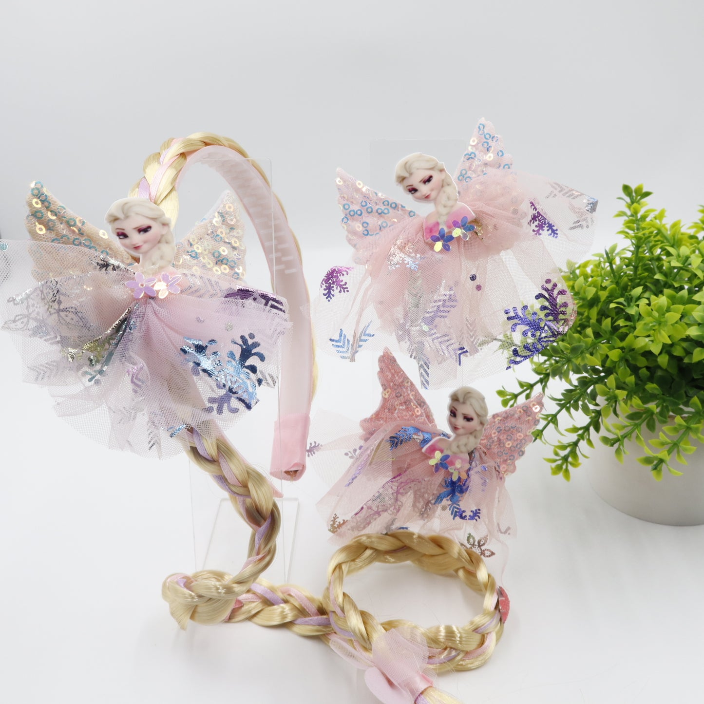 Hair Cuddles Princess Design Combo Set- 2 Hair Clips & 1 Hairband with Ponytail | Kids Magical Hair Accessory Set