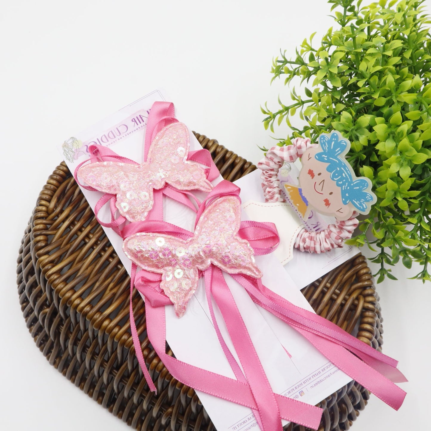Hair Cuddles Ribbon Bow Butterfly Sequin Hair Clip with Cute Girl Scrunchie Combo Set for Girls