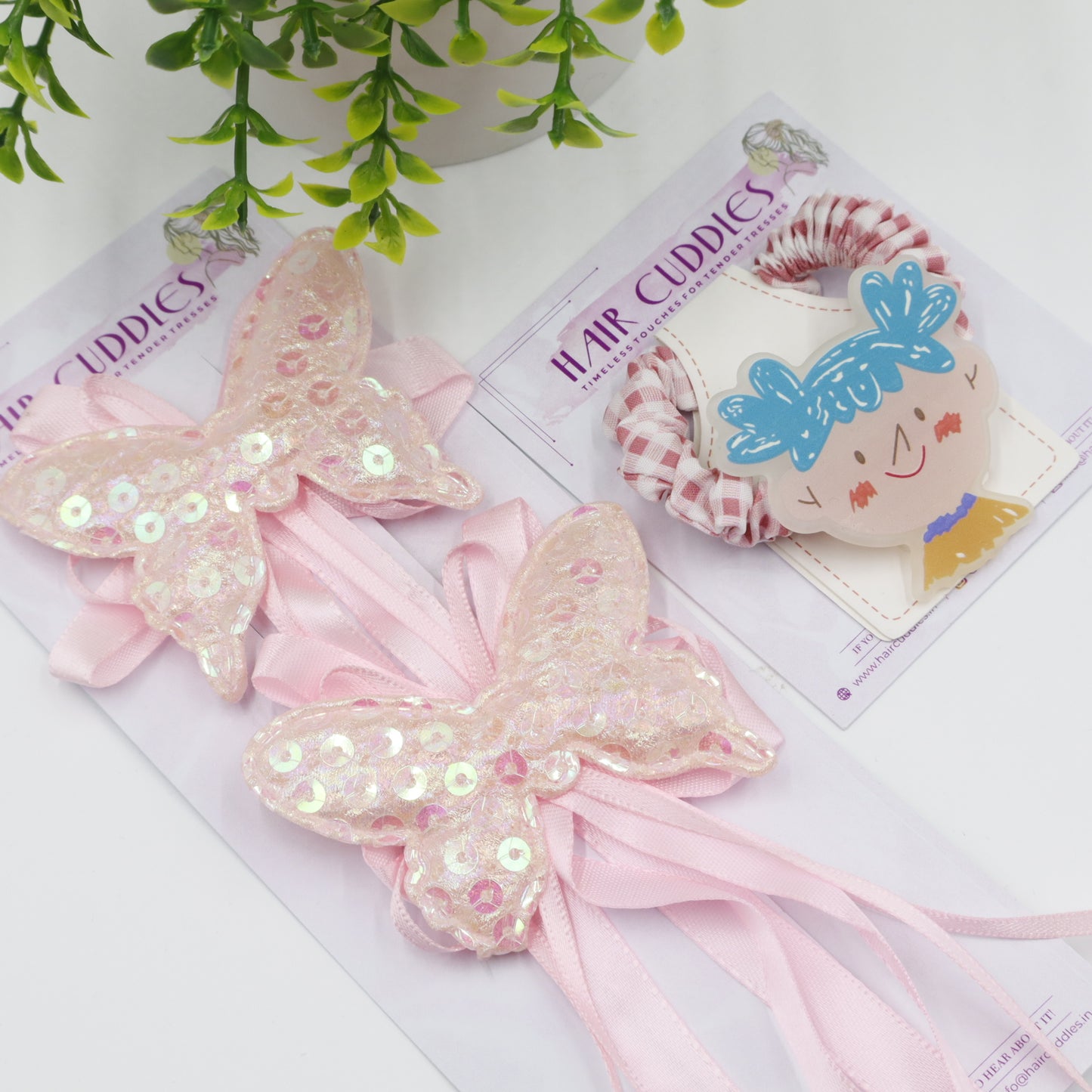 Hair Cuddles Ribbon Bow Butterfly Sequin Hair Clip with Cute Girl Scrunchie Combo Set for Girls
