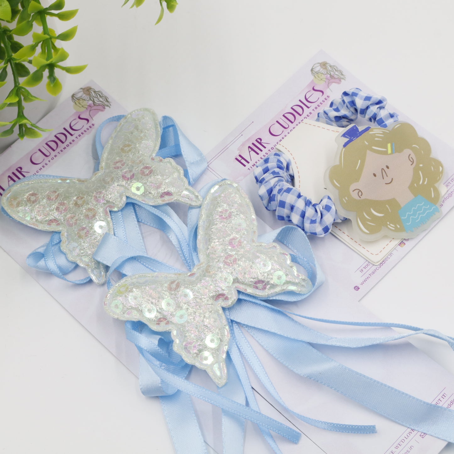 Hair Cuddles Ribbon Bow Butterfly Sequin Hair Clip with Cute Girl Scrunchie Combo Set for Girls