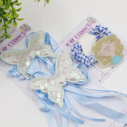 Hair Cuddles Ribbon Bow Butterfly Sequin Hair Clip with Cute Girl Scrunchie Combo Set for Girls
