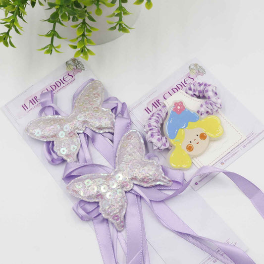 Hair Cuddles Ribbon Bow Butterfly Sequin Hair Clip with Cute Girl Scrunchie Combo Set for Girls