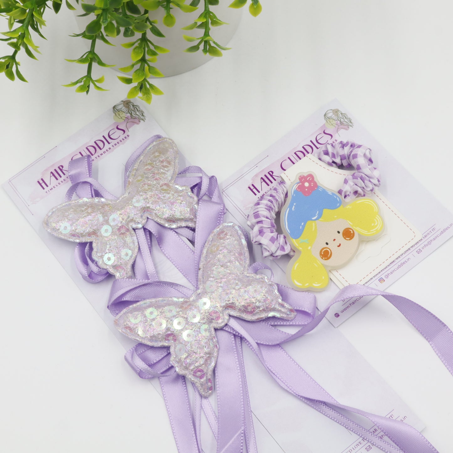 Hair Cuddles Ribbon Bow Butterfly Sequin Hair Clip with Cute Girl Scrunchie Combo Set for Girls