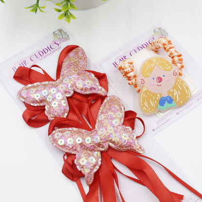 Hair Cuddles Ribbon Bow Butterfly Sequin Hair Clip with Cute Girl Scrunchie Combo Set for Girls