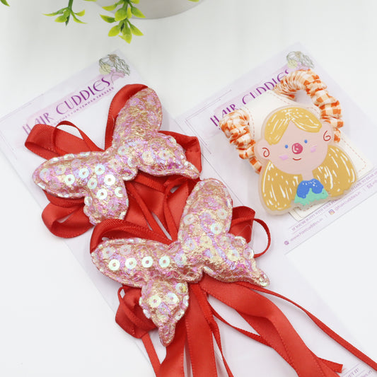 Hair Cuddles Ribbon Bow Butterfly Sequin Hair Clip with Cute Girl Scrunchie Combo Set for Girls