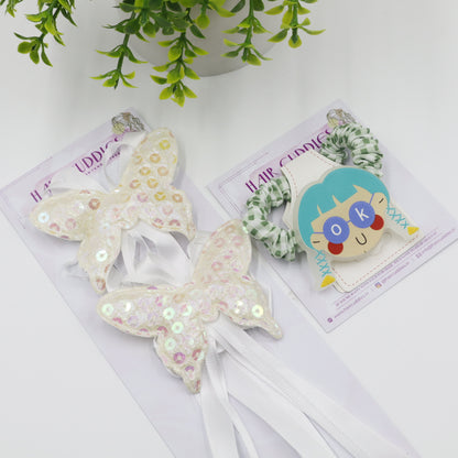 Hair Cuddles Ribbon Bow Butterfly Sequin Hair Clip with Cute Girl Scrunchie Combo Set for Girls