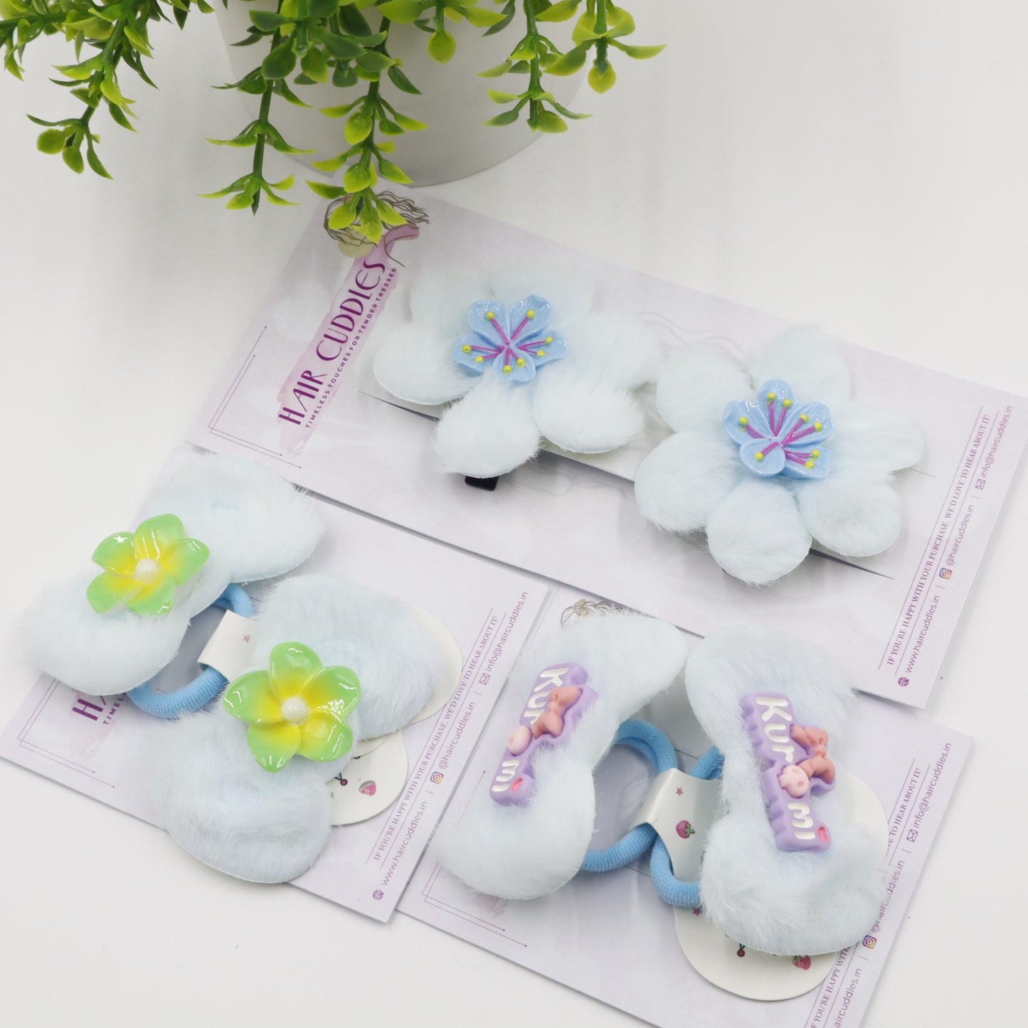 Hair Cuddles Trendy Fur Hair Accessories Combo Set – Hair Clip & Rubber Band Set (Pair of 3)