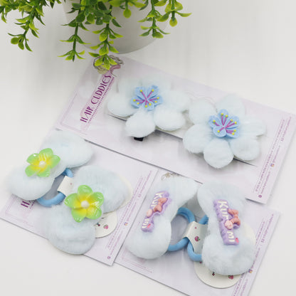 Hair Cuddles Trendy Fur Hair Accessories Combo Set – Hair Clip & Rubber Band Set (Pair of 3)