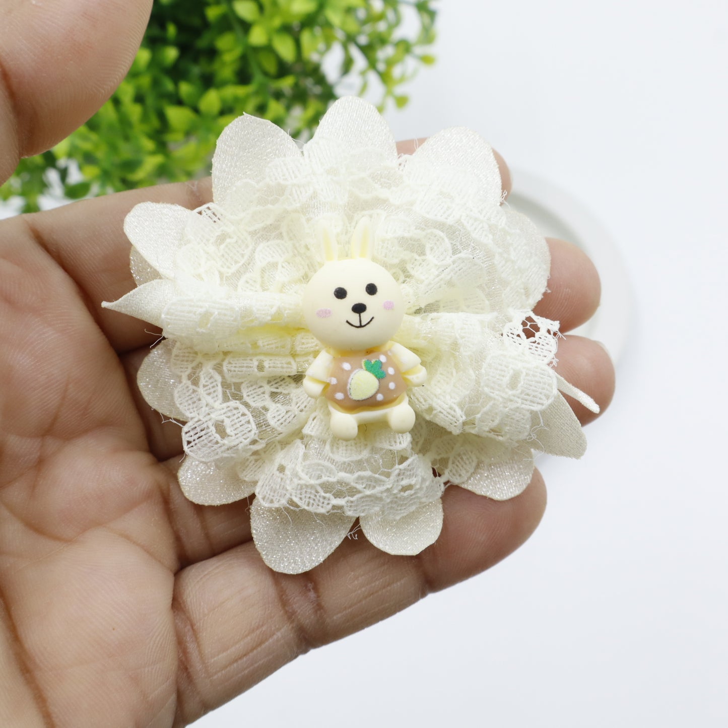 Hair Cuddles Cute Bunny Hair Clips for Girls – Lace Flower Hair Accessories- Pair of 2 (Brown & White)