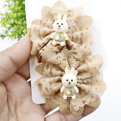 Hair Cuddles Cute Bunny Hair Clips for Girls – Lace Flower Hair Accessories- Pair of 2 (Brown & White)