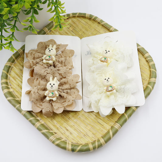 Hair Cuddles Cute Bunny Hair Clips for Girls – Lace Flower Hair Accessories- Pair of 2 (Brown & White)