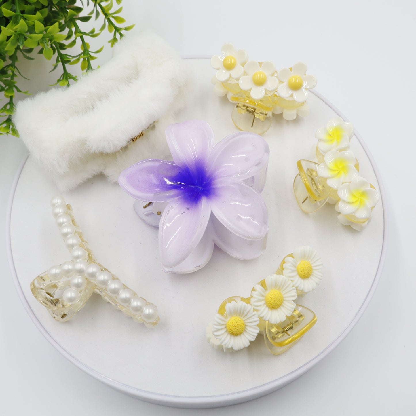 Hair Cuddles Floral Charm Hair Clutcher and Claw Combo Set for Girls & Women | Flower Pearl & Fur Hair Claw Set (Pack of 6)