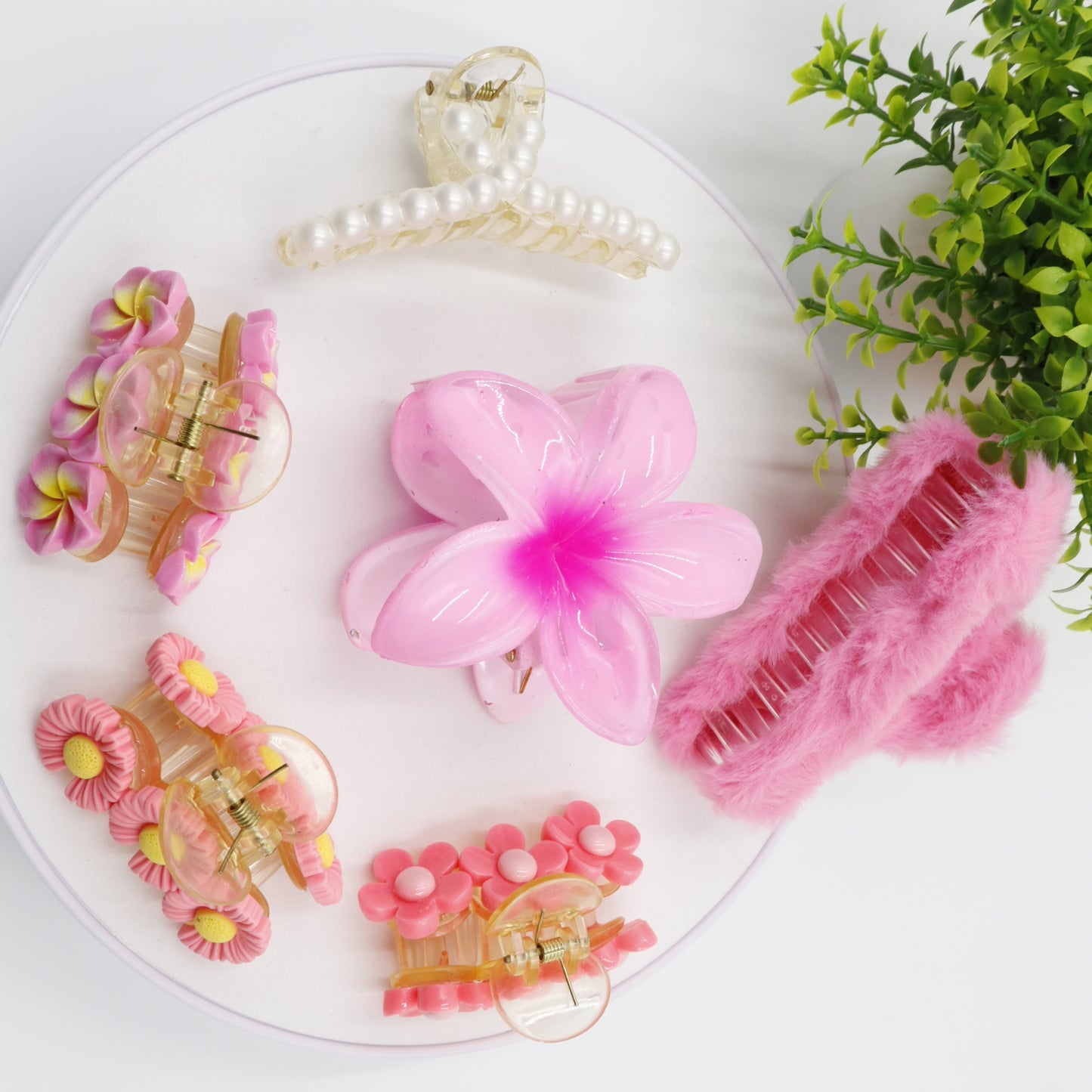 Hair Cuddles Floral Charm Hair Clutcher and Claw Combo Set for Girls & Women | Flower Pearl & Fur Hair Claw Set (Pack of 6)