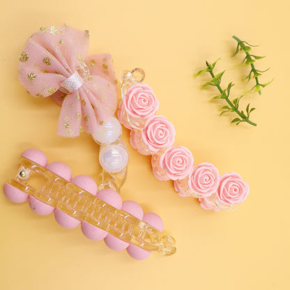 Hair Cuddles Banana Clip Combo Set of 3 – Rose Banana Clip, Bow Banana Clip & Matte Finish Banana Clip for Girls & Women