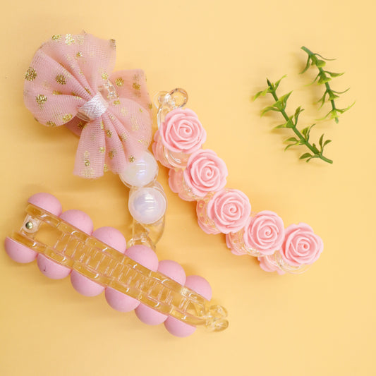 Hair Cuddles Banana Clip Combo Set of 3 – Rose Banana Clip, Bow Banana Clip & Matte Finish Banana Clip for Girls & Women