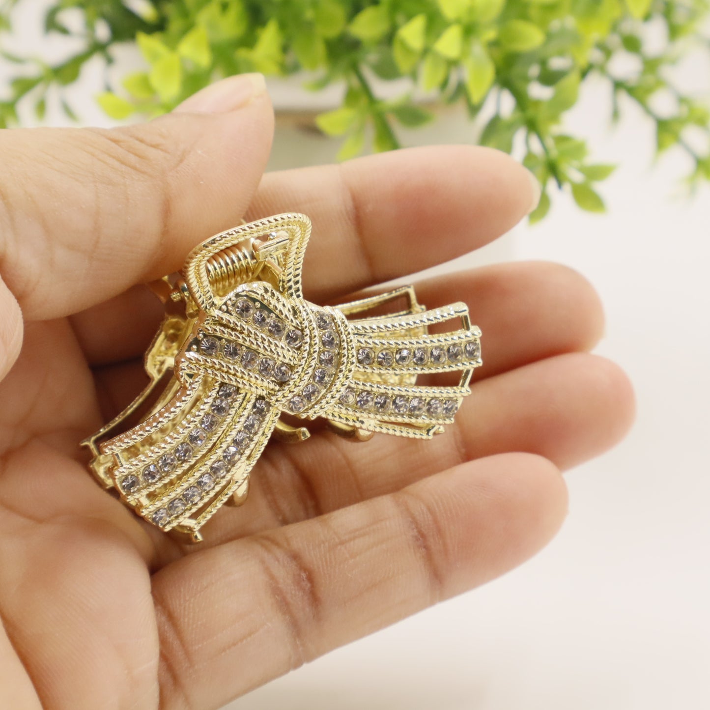 Hair Cuddles Stone Studded Golden Hair Claw Set – Pack of 3 | Stylish Non-Slip Hair Clutcher for Women & Girls