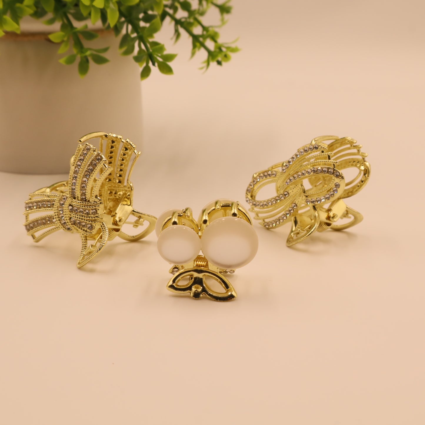 Hair Cuddles Stone Studded Golden Hair Claw Set – Pack of 3 | Stylish Non-Slip Hair Clutcher for Women & Girls