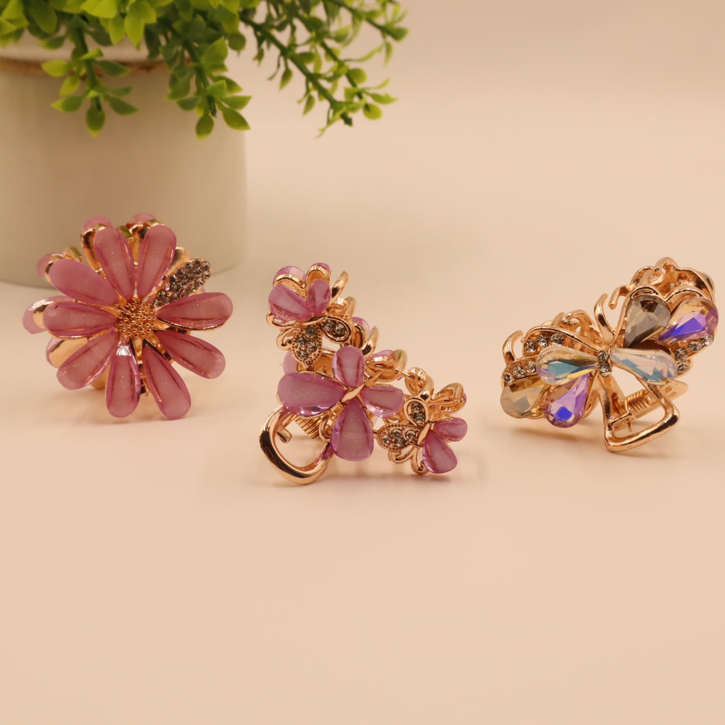 Hair Cuddles Stone Studded Hair Claws Combo Set – Pack of 3 | Stylish Non-Slip Hair Clutcher for Women & Girls