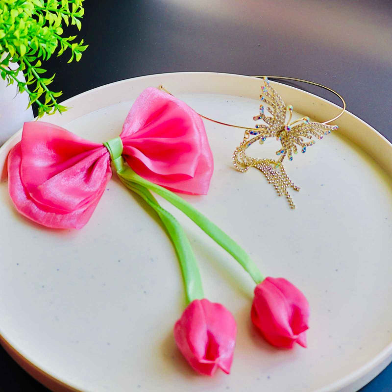 Tulip Bow Hair Clip and Butterfly Crystal Hairband Comboi