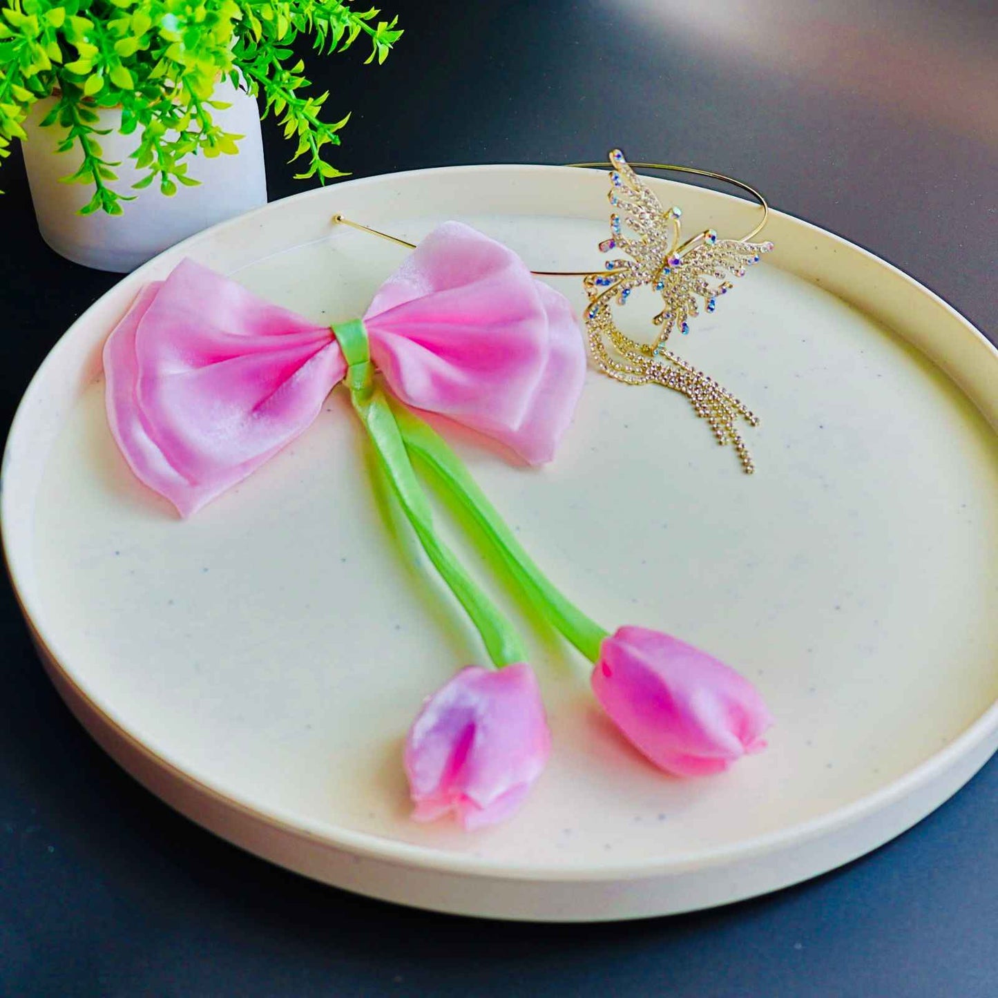 Tulip Bow Hair Clip and Butterfly Crystal Hairband Comboi