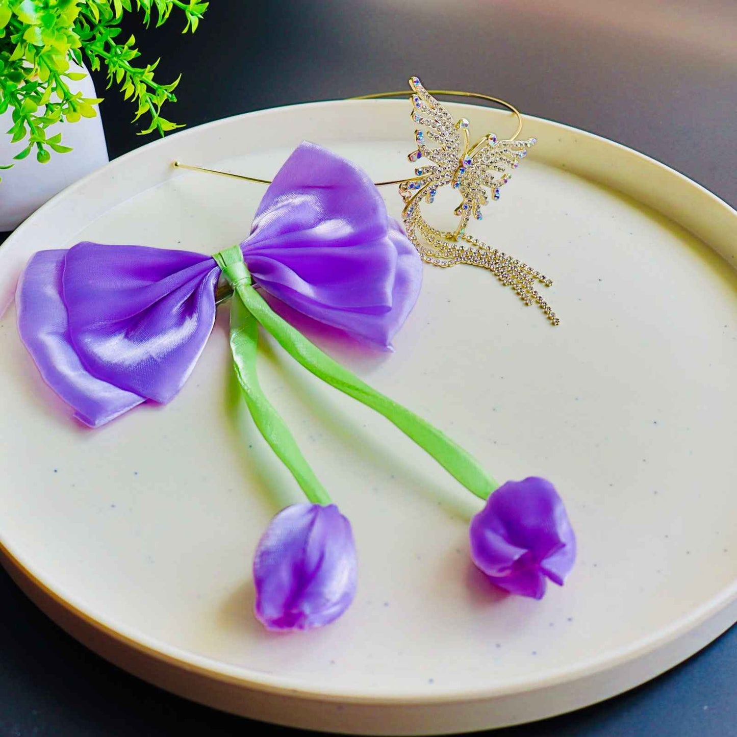 Tulip Bow Hair Clip and Butterfly Crystal Hairband Comboi