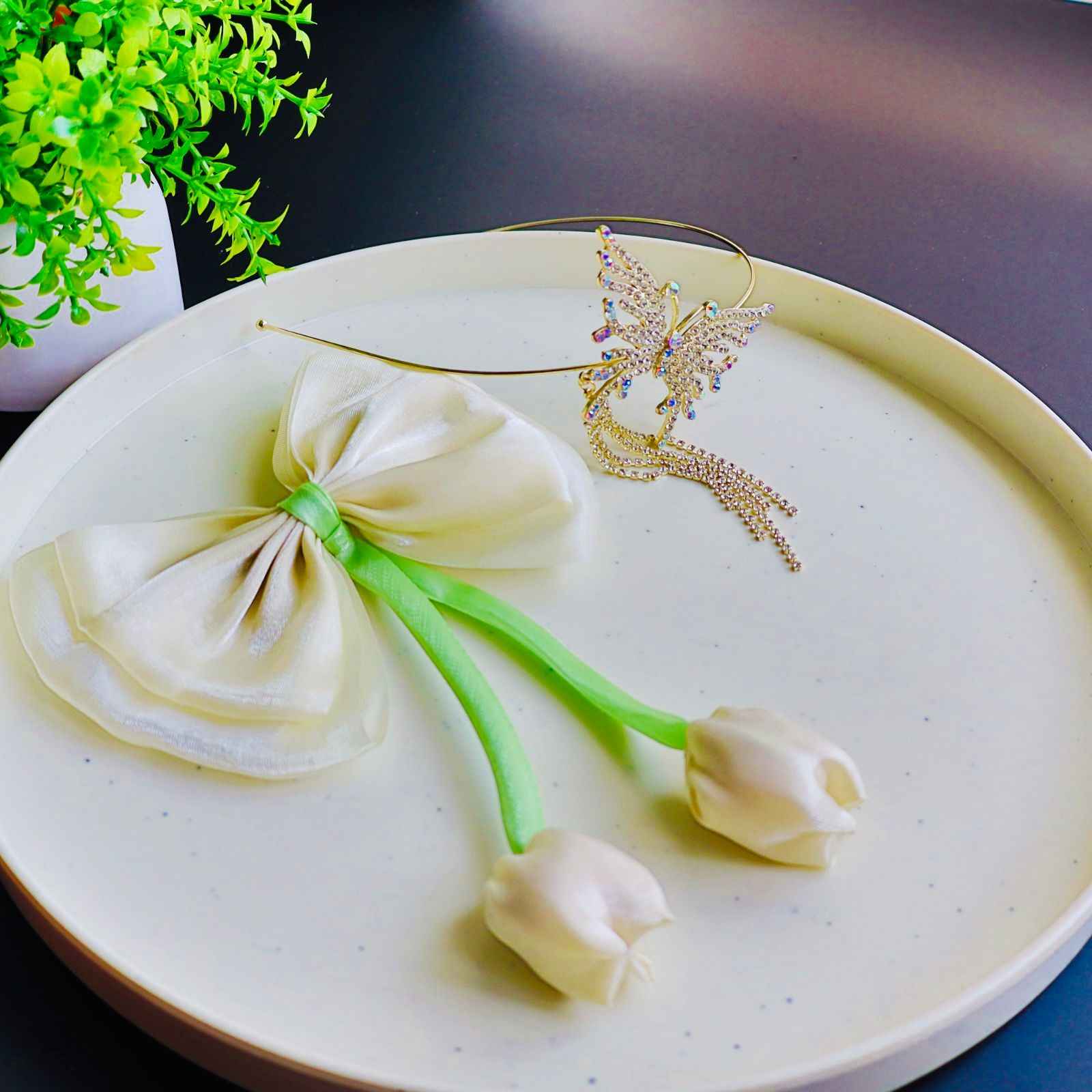 Tulip Bow Hair Clip and Butterfly Crystal Hairband Comboi