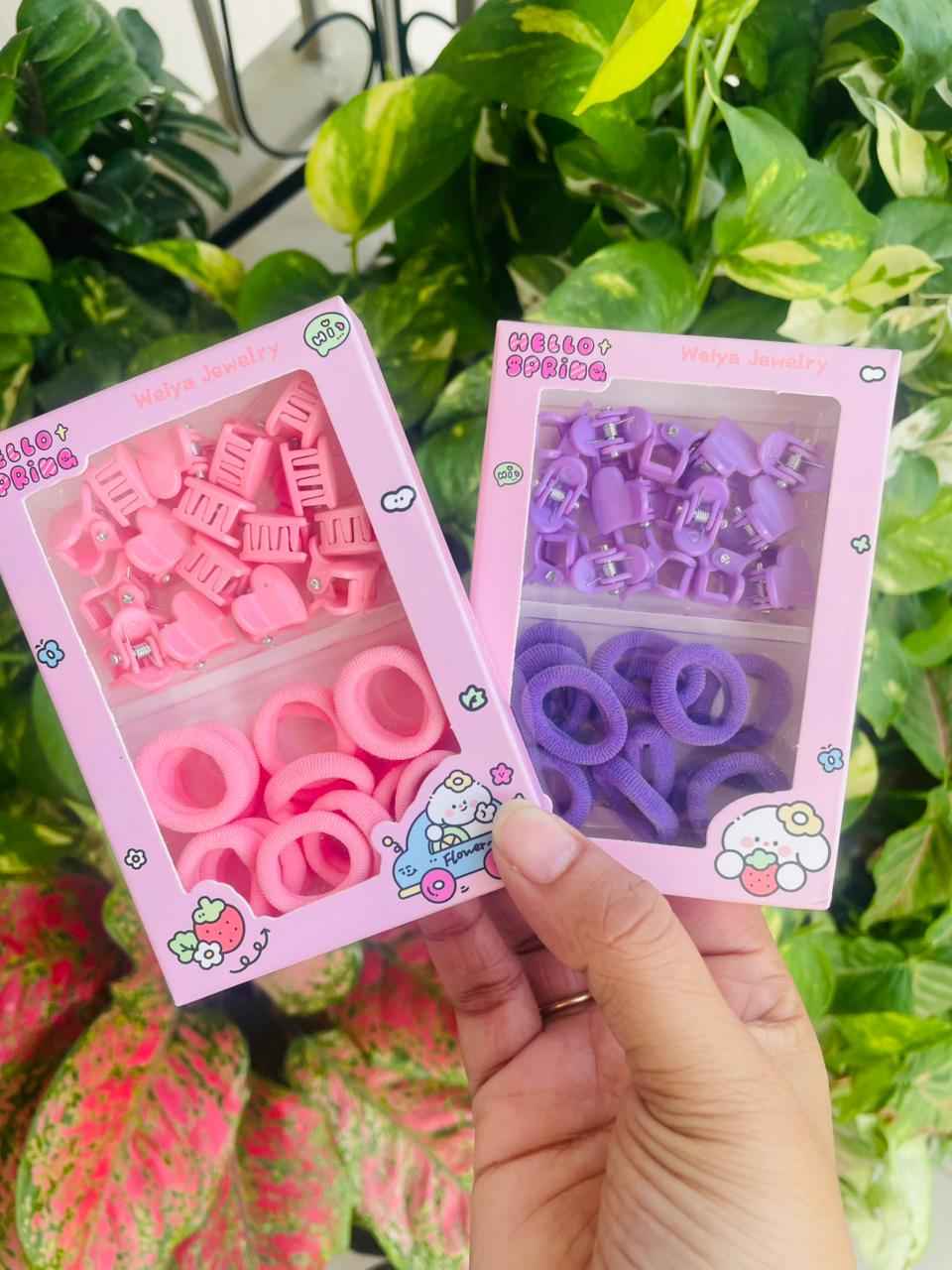 Mini Hair Clips & Soft Elastic Rubber Bands Box- 1 Box