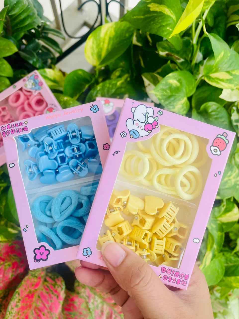 Mini Hair Clips & Soft Elastic Rubber Bands Box- 1 Box