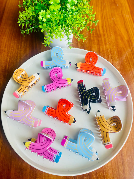Hair Cuddles Cute Pencil Shape Hair Claw Clip for Women & Girls | Funky School Stationery Style Clutcher | Strong Grip Daily Wear Hair Clamp