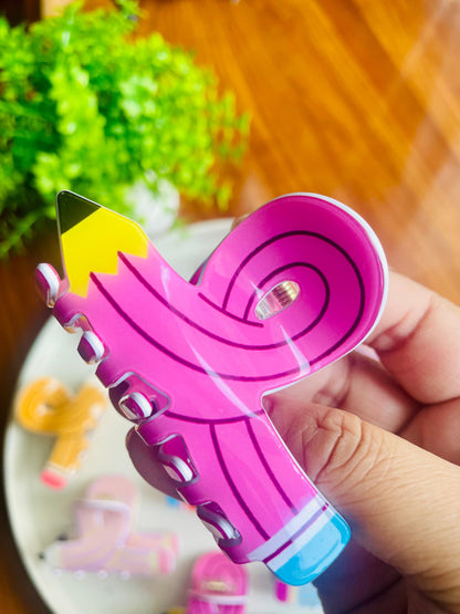 Hair Cuddles Cute Pencil Shape Hair Claw Clip for Women & Girls | Funky School Stationery Style Clutcher | Strong Grip Daily Wear Hair Clamp