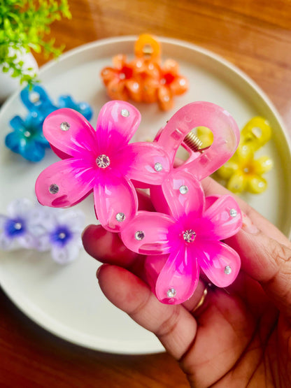 Hair Cuddles Sparkle Flower Hair Claw Clip for Women & Girls | Crystal Stone Studded Floral Clutcher | Daily Wear Strong Grip Hair Clamp