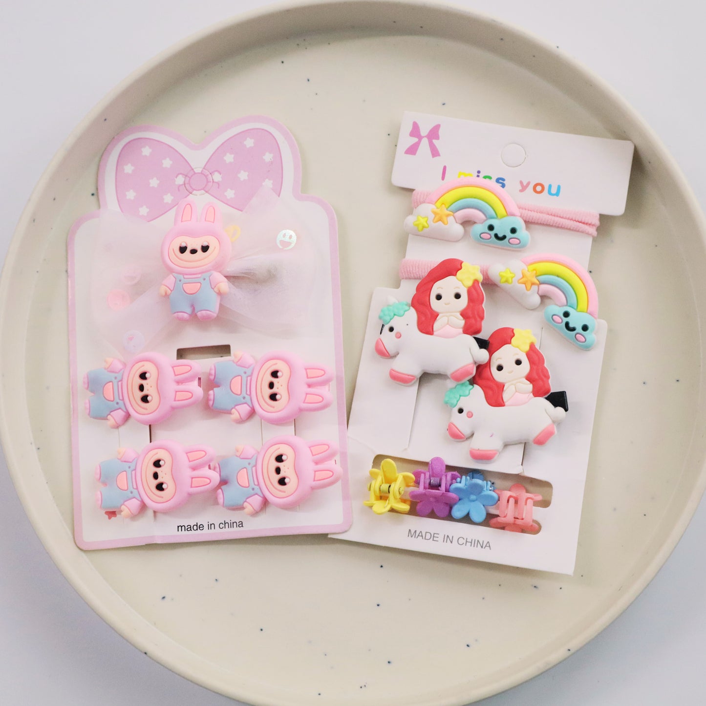 Hair Cuddles Cute Kids Hair Accessories Set for Girls - Hair Clips Rubber Bands Combo Pack – Cartoon Unicorn & Bunny Design- For Toddlers & Little Girls (Set of 13)