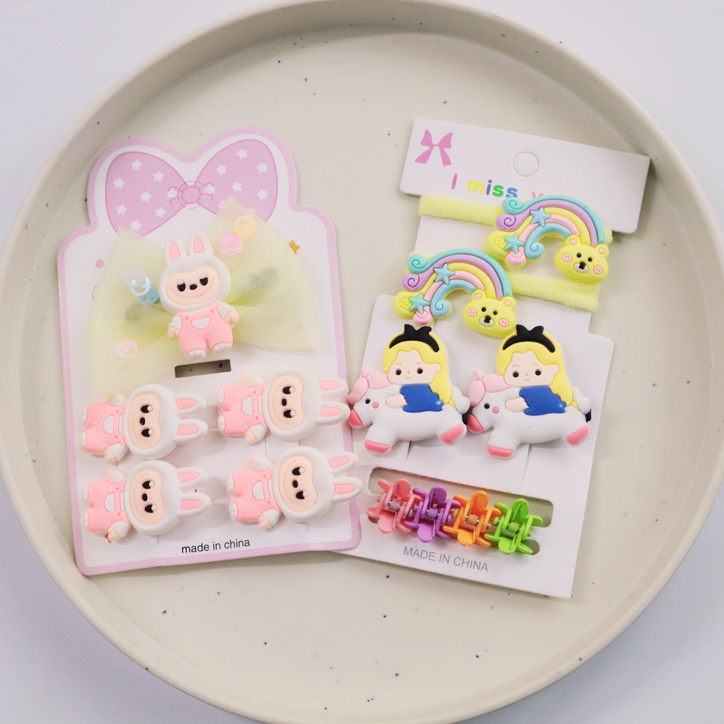 Hair Cuddles Cute Kids Hair Accessories Set for Girls - Hair Clips Rubber Bands Combo Pack – Cartoon Unicorn & Bunny Design- For Toddlers & Little Girls (Set of 13)