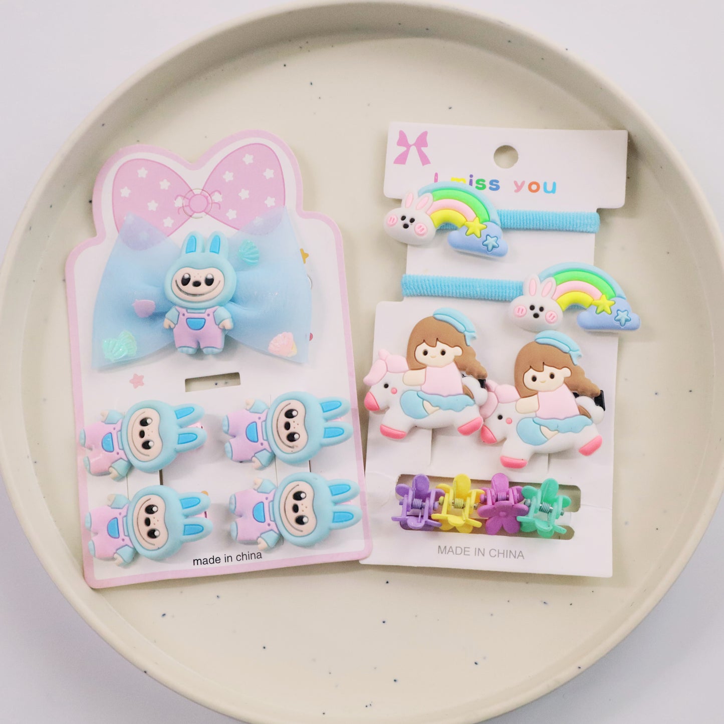 Hair Cuddles Cute Kids Hair Accessories Set for Girls - Hair Clips Rubber Bands Combo Pack – Cartoon Unicorn & Bunny Design- For Toddlers & Little Girls (Set of 13)