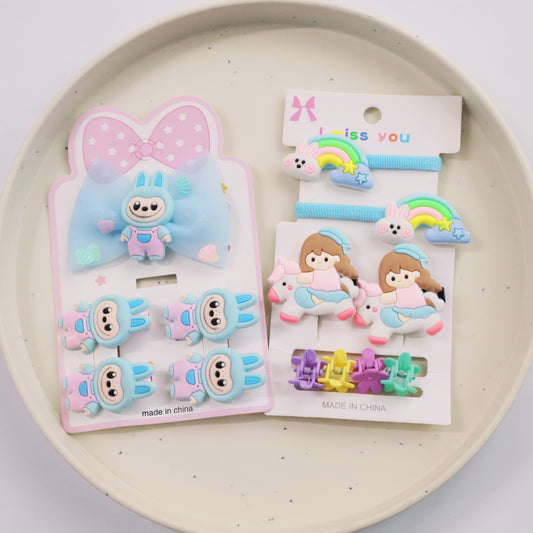 Hair Cuddles Cute Kids Hair Accessories Set for Girls - Hair Clips Rubber Bands Combo Pack – Cartoon Unicorn & Bunny Design- For Toddlers & Little Girls (Set of 13)