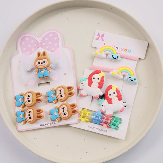 Hair Cuddles Cute Kids Hair Accessories Set for Girls - Hair Clips Rubber Bands Combo Pack – Cartoon Unicorn & Bunny Design- For Toddlers & Little Girls (Set of 13)
