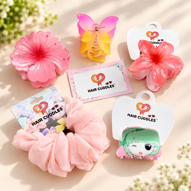 Pink Floral Hair Accessories Combo – 5 Piece Set
