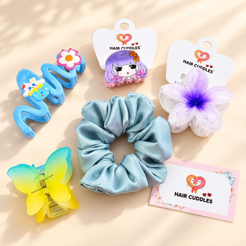 Pastel Blue & Floral Hair Accessories Combo – 5 Piece Set