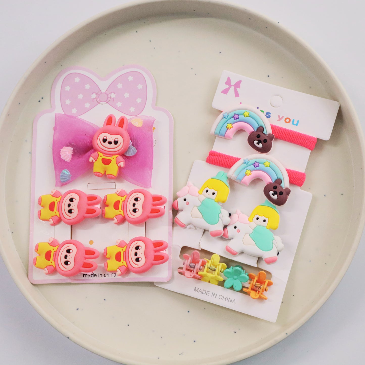 Hair Cuddles Cute Kids Hair Accessories Set for Girls - Hair Clips Rubber Bands Combo Pack – Cartoon Unicorn & Bunny Design- For Toddlers & Little Girls (Set of 13)