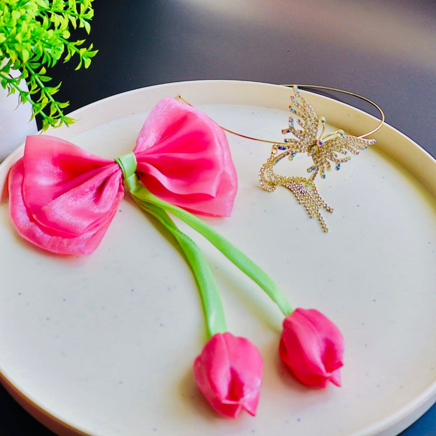 Hair Cuddles Tulip Bow Hair Clip with Butterfly Crystal Hairband | Premium Party Wear Hair Accessory for Women & Girls