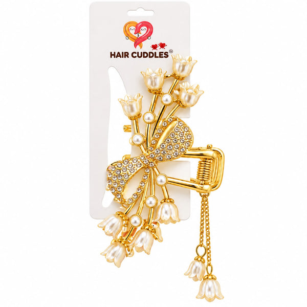 Shopify Listing — Pearl Tulip Bow Hair Claw Product Title: Pearl Tulip Bow Hair Claw Clip for Women – Elegant Floral Rhinestone Hair Accessory | Hair Cuddles™