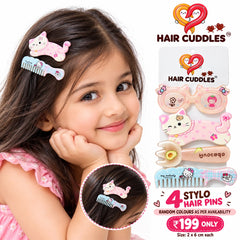 HAIR CUDDLES™ 4 Stylo Hair Pins Set for Girls | Cute Cartoon Hair Clips & Combs (Random colours)