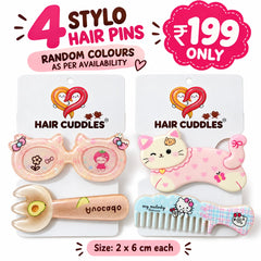 HAIR CUDDLES™ 4 Stylo Hair Pins Set for Girls | Cute Cartoon Hair Clips & Combs (Random colours)