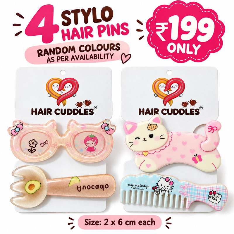 HAIR CUDDLES™ 4 Stylo Hair Pins Set for Girls | Cute Cartoon Hair Clips & Combs (Random colours)
