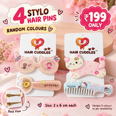 HAIR CUDDLES™ 4 Stylo Hair Pins Set for Girls | Cute Cartoon Hair Clips & Combs (Random colours)