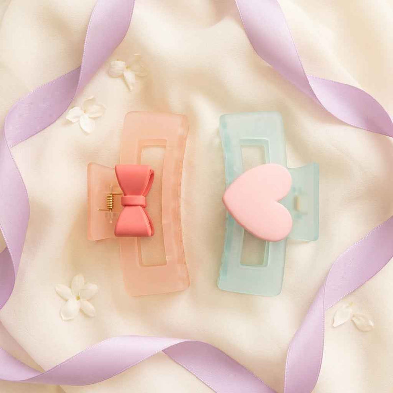 Pastel Rectangle Claw Clips – Bow & Heart Edition 💖