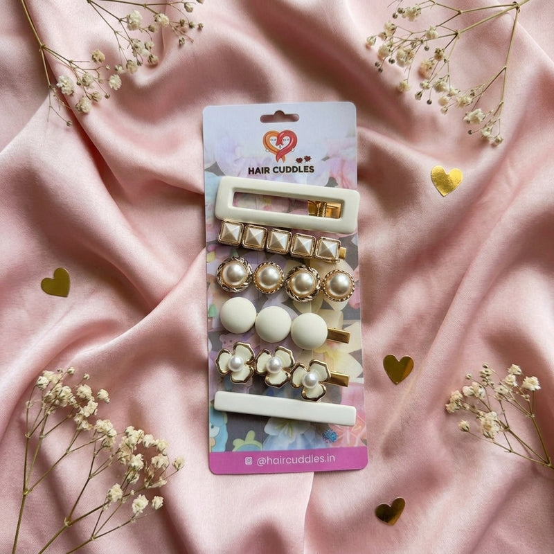 Pearl & Matte White Hair Clip Set for Women & Girls (Set of 6)