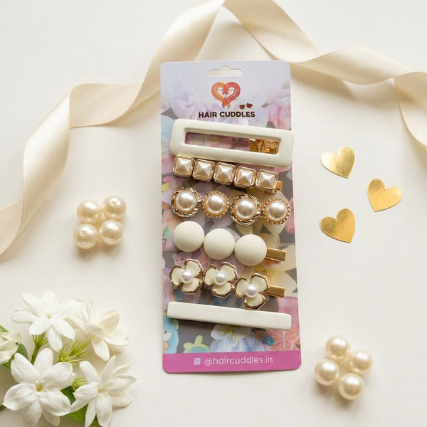 Pearl & Matte White Hair Clip Set for Women & Girls (Set of 6)