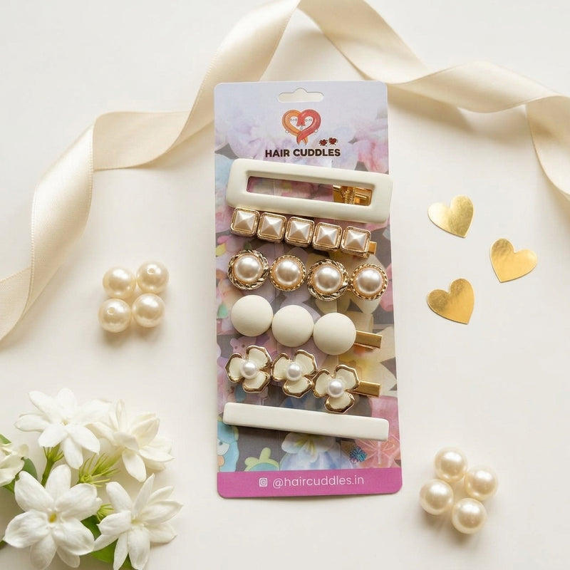 Pearl & Matte White Hair Clip Set for Women & Girls (Set of 6)